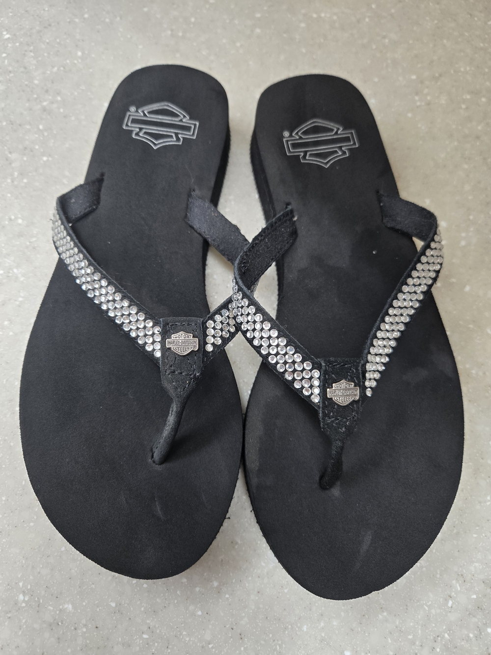 Harley-Davidson Black Flip Flops with Silver Rhinestones, Size 5